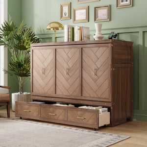 English Elm Queen Cabinet Murphy Bed Pine Wood Frame Geometric Panel Usb Charging Guest Room W504S00306