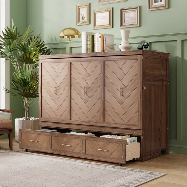 English Elm Queen Cabinet Murphy Bed Pine Wood Frame Geometric Panel Usb Charging Guest Room W504S00306