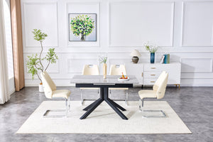 English Elm Modern Extendable Rectangular Dining Table with Scratch‑Resistant MDF Top and Matte Geometric Legs, Space‑Saving Centerpiece for Home or Office W3493S00008