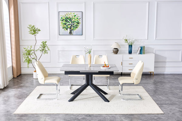 English Elm Modern Extendable Rectangular Dining Table with Scratch‑Resistant MDF Top and Matte Geometric Legs, Space‑Saving Centerpiece for Home or Office W3493S00008