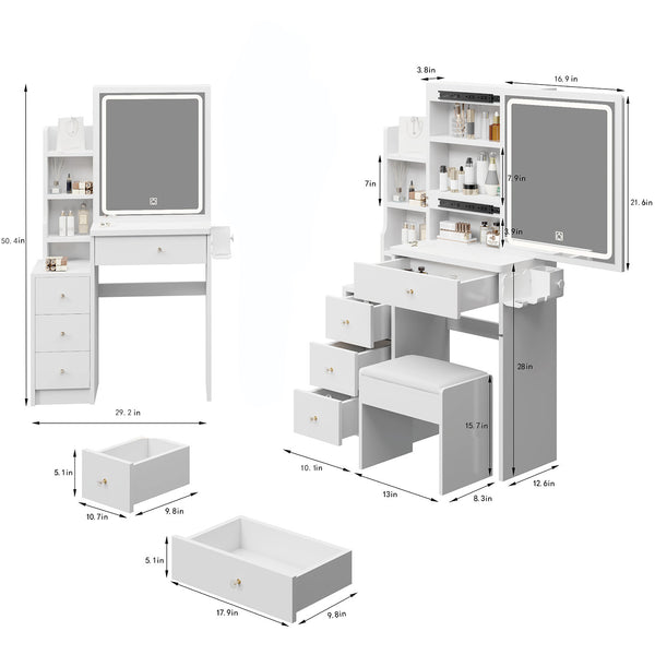 English Elm 29.2" Compact Bedside Vanity Set With Sliding Led Mirror, Power Ports, Cushioned Stool & Hairdryer Holder W936P172481