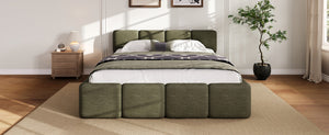 English Elm Queen Boucle Upholstered Platform Bed Low Profile Block Silhouette for Modern Bedroom N757P385459D