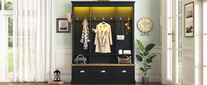 English Elm Farmhouse Hall Tree with Triple Arch Back Panel Eight Hooks Drawers and Entryway Bench Black N721S000062B