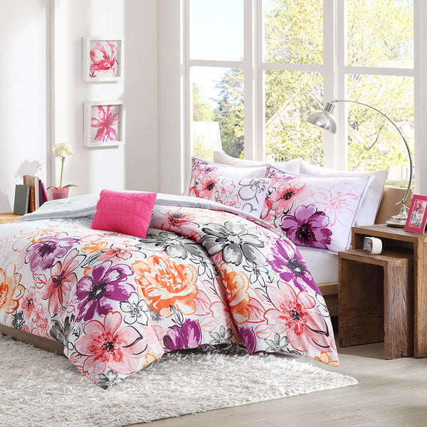 JLA Home Intelligent Design - Floral Vibrant Asymmetrical Comforter Set with Embroidered Pillows, Antimicrobial, Machine Washable 104 L x 90 W x 1.5H ID10-238