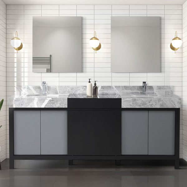 English Elm Black Double Bath Vanity 80" W With Castle Grey Marble Top & Chrome Faucet – Stylish Storage Solution B2731P261124