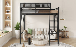 English Elm Full Size Loft Bed with Ladder & Built-In Shelves, Sturdy Metal High Loft for Kids Teens Black W2580P316646