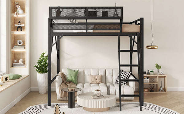English Elm Full Size Loft Bed with Ladder & Built-In Shelves, Sturdy Metal High Loft for Kids Teens Black W2580P316646