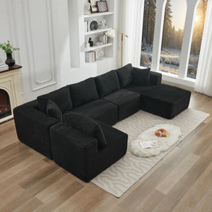 English Elm 106" Cloud Sectional Couch - L-Shaped Modular Sofa With Right-Facing Chaise In Black Plush Corduroy W1143S00028