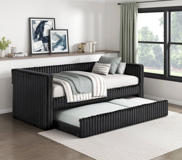 English Elm 1pc Daybed with Trundle Corduroy Upholstery Modern Luxury Guest Sofa Bed Durable & Space-Saving Design Black 43 L x 38 W x 9.5 H B011S01719