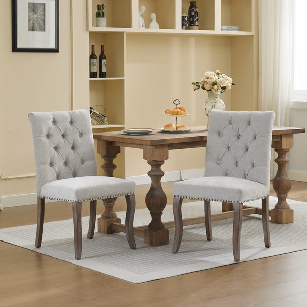 English Elm Upholstered Chenille Tufted Dining Chairs Set of 2 with Curved Wood Legs Club Style Beige W1143P457780
