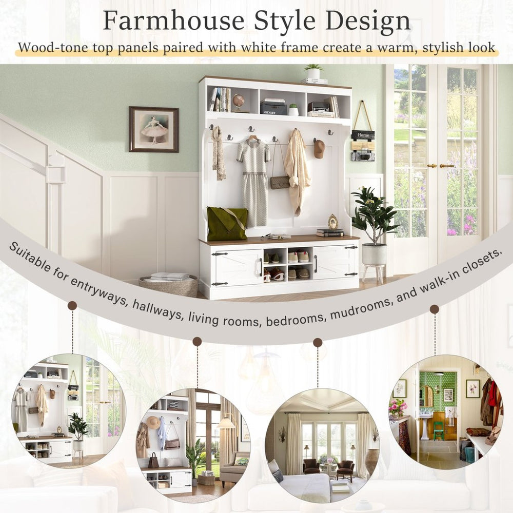 English Elm Vibe Haus Farmhouse Hall Tree with Bench Shoe Storage Hooks and Open Cubbies N724P380402K
