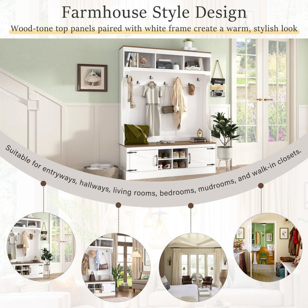 English Elm Vibe Haus Farmhouse Hall Tree with Bench Shoe Storage Hooks and Open Cubbies N724P380402K
