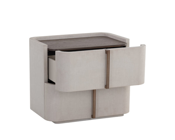 Sunpan Jamille Nightstand - Contemporary Cream Faux Leather Design with Oak Veneer Top and Brass Base Small - 26W x 18D x 22H