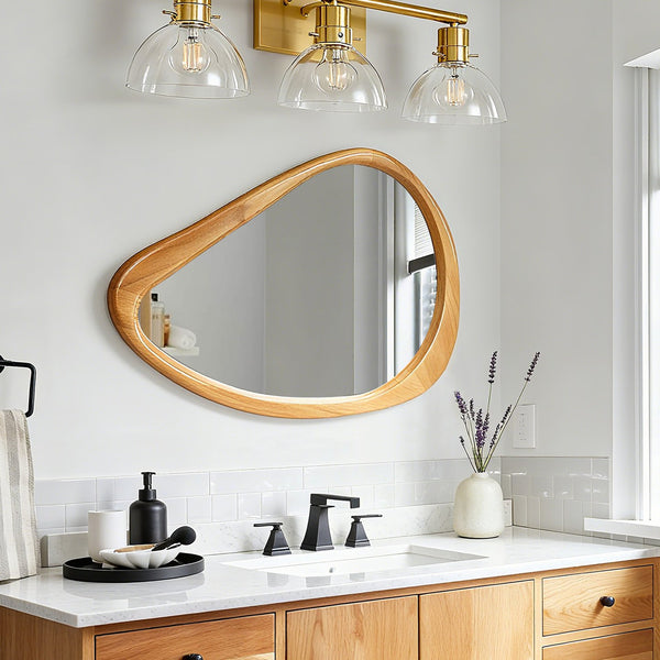 English Elm Modern Irregular Teardrop Wooden Wall Mirror Natural Frame 29.92"x20.08" Mid-Century Vanity Accent W2295P388971