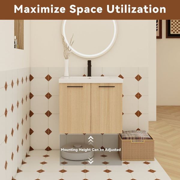 English Elm 24" Floating Oak Plywood Bathroom Vanity Set with Glossy Resin Sink Scandinavian Style W3450S00068