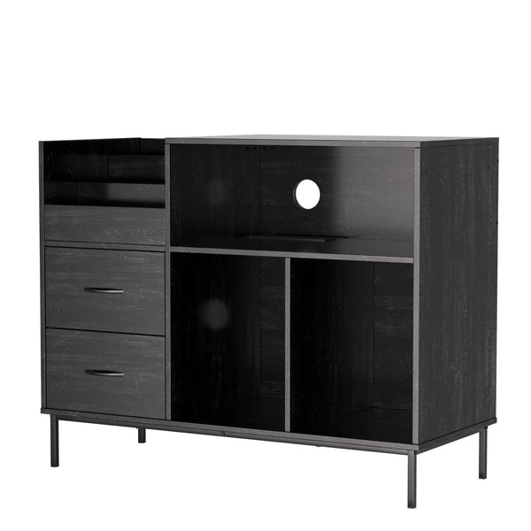 English Elm Record Player Stand with Vinyl Storage Mid-century Wood Console for Living Room T2398P438827
