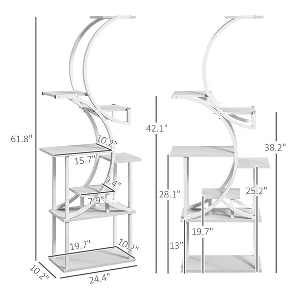 English Elm S-shaped Eight Tier Corner Plant Stand Steel and Fir Wood Sculptural Display Rack White T3971P420979