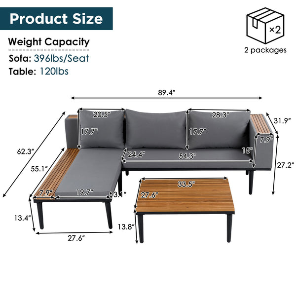 English Elm Luxury Acacia Wood Patio Sofa Set with Removable Cushions, L-Shaped Outdoor Conversation Sectional, Durable Iron Frame Gray N704G201251E