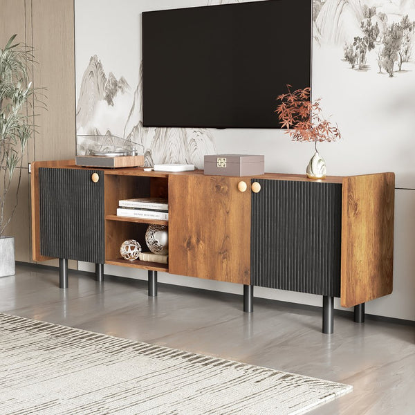 English Elm Mid Century Tv Stand With 3 Cabinets - Stylish Media Console For Tvs Up To 70” With Smart Storage N710P180186P