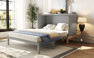 English Elm Queen Murphy Wall Bed Solid Pine Cabinet with Drawer Modern Space Saving Design Gray N708P243886E