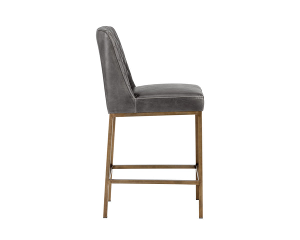 Sunpan Leighland Classic Barstool with Antique Brass Frame and Diamond-Stitched Faux Leather Upholstery Overcast Grey