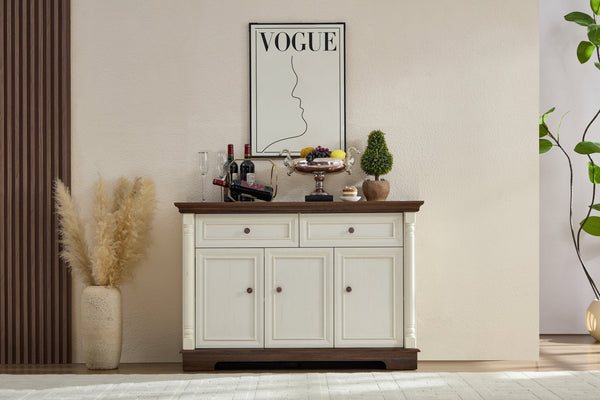 English Elm Farmhouse Large Wall Storage Cabinet - Roman Column Design, Versatile Coffee Bar & Wine Cooler Stand W2393P300539