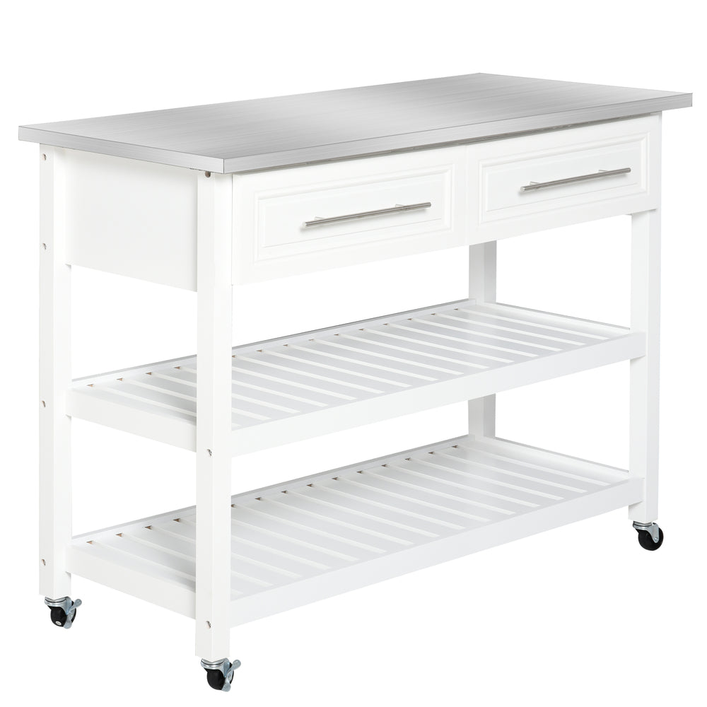 English Elm HOMCOM Rustic Farmhouse Kitchen Island Cart with Stainless Steel Top, 2 Drawers, Shelves & Wheels W2225P173899