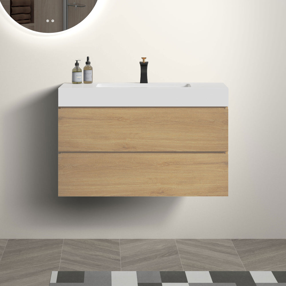 English Elm U042-Alice36-106 Modern 36" Wall-Mounted Oak Vanity with Integrated Matte Black Basin, Soft-Close Drawers W1865S00042