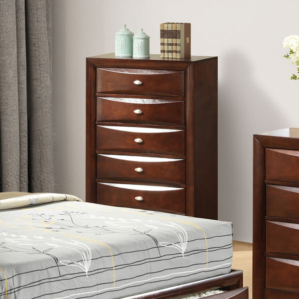 English Elm Dark Transitional 5-Drawer Chest in Rich Finish with Nickel Oval Knobs Durable Wood Blend Craftsmanship Cherry 34 L x 19 W x 52 H B2741P372202