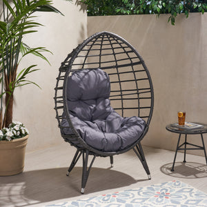 English Elm Christopher Knight Home® - SANTINO Teardrop Wicker Chair with Water‑Resistant Cushion, Gray Faux Rattan, Iron Frame, Cozy Lounger 65646.00GDGRY