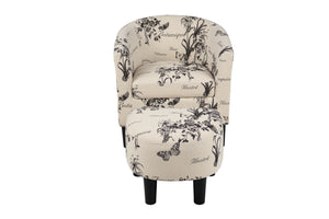 English Elm Vintage Vintage-Design Accent Chair with Ottoman, Script & Botanical Fabric, Curved Barrel Back, Compact Comfort B011P369869