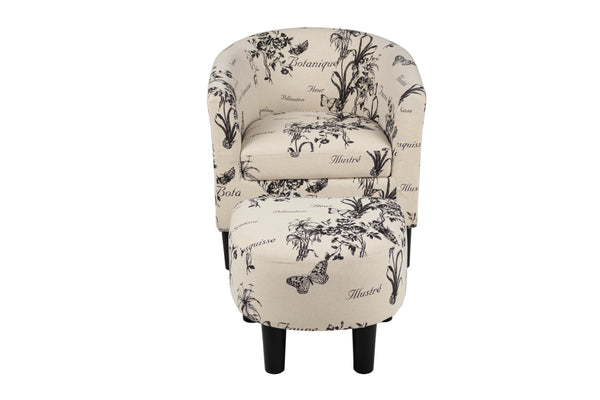 English Elm Vintage Vintage-Design Accent Chair with Ottoman, Script & Botanical Fabric, Curved Barrel Back, Compact Comfort B011P369869
