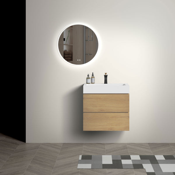 English Elm U040-Alice24-106 Alice 24" Natural Oak Wall-Mounted Bathroom Vanity with Integrated Basin, Soft-Close Drawers and Bevel Handle-Free Design W1865S00040