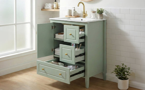 English Elm [video] 24 Inch Farmhouse Bathroom Vanity with Sink Pine Wood Mdf Soft Close Storage N759P415299G