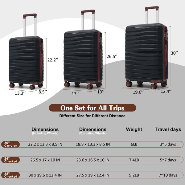 English Elm Premium Polypropylene Hard Shell Luggage Set Three Piece with Tsa Locks Spinner Wheels Black+Brown N726P460073B