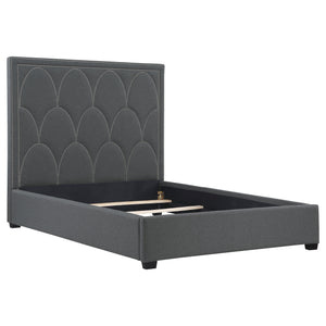 English Elm Maille Charcoal Upholstered Eastern King Bed - Modern Elegance With Scalloped Headboard & Nail Trim B062S01009