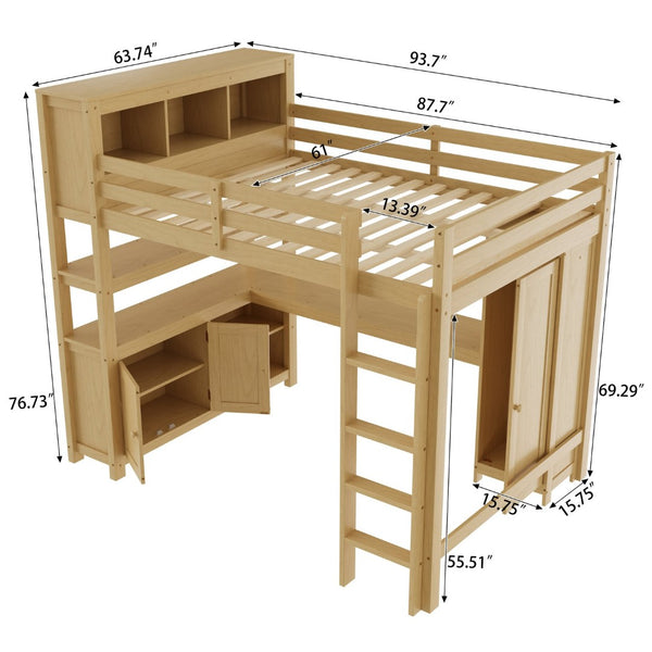 English Elm Full Size Pine Loft Bed House Frame with Slide Bookshelves and Moon Star Rails W1580S00163