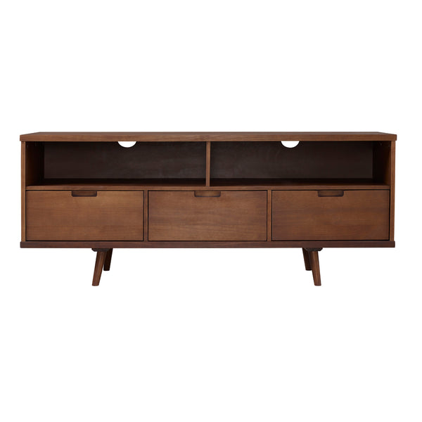 English Elm Walker Edison - Mid-Century Solid Wood 3-Drawer 58" TV Stand with Cord Management, Open Cubbies & Angled Legs Walnut 69 L x 19 W x 6 H B185P169381