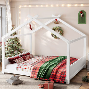 English Elm Queen House Frame Floor Bed Solid Pine Montessori Low Profile Kids Bedroom Light White W1580P387847