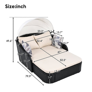 English Elm GO Outdoor Sun Bed with Adjustable Canopy, Durable PE Rattan Double Lounger, Zippered Cushions and Pillows for Easy Care and 500lb Capacity Beige+Black FG201223AAK