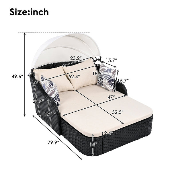 English Elm GO Outdoor Sun Bed with Adjustable Canopy, Durable PE Rattan Double Lounger, Zippered Cushions and Pillows for Easy Care and 500lb Capacity Beige+Black FG201223AAK