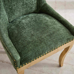 English Elm Chenille Plush Dining Chair with Curved Gold-Plated Legs, Rivet Trim, Textured Upholstery Comfort Olive Green W1143P332688