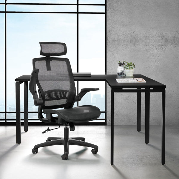 OSP Home Furnishings Mesh Back Ergonomic Manager Chair with Adjustable Headrest Lumbar Support and Flip Armrests EMM65151HR-3
