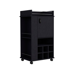 English Elm Fargo Bar Cart with Cabinet, 6 Wine Slots, Open Shelf & Casters in Black — Stylish Home Bar Station B200P188867