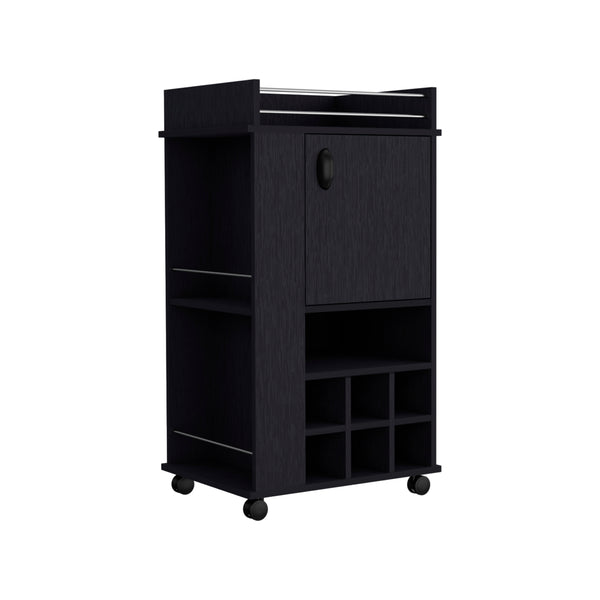 English Elm Fargo Bar Cart with Cabinet, 6 Wine Slots, Open Shelf & Casters in Black — Stylish Home Bar Station B200P188867