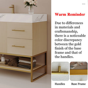 English Elm 36" Freestanding Bathroom Vanity Sintered Stone Top Gold Hardware Wood Cabinet W3136S00055