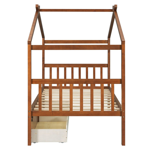 English Elm Twin House Bed Solid Pine Kids Cottage Frame with Storage Drawers Imaginative Room Walnut N708P309245L