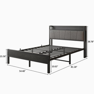 English Elm Full Size Bed Frame with Storage Headboard & Charging Station, Upholstered Gray Cotton Flax, 400lb Stable Platform W840P179122