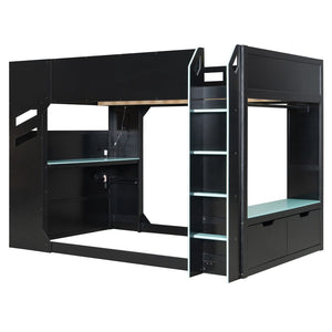 English Elm Full Size Loft Bed with Rgb Lighting Desk Drawers Hanging Rod Teen Bedroom Blue LT000288AAC-1
