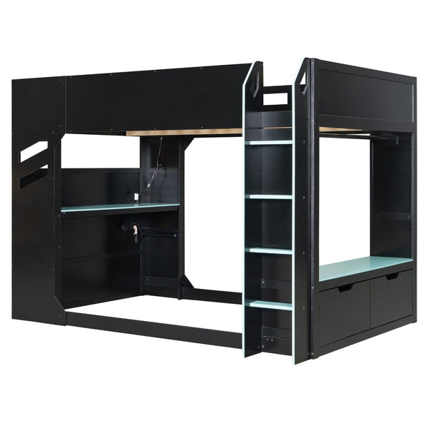 English Elm Full Size Loft Bed with Rgb Lighting Desk Drawers Hanging Rod Teen Bedroom Blue LT000288AAC-1